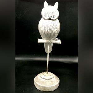 New Metal Look Painted Owl On Pedestal Sculpture Figure, 16” Tall, Wooden Owl